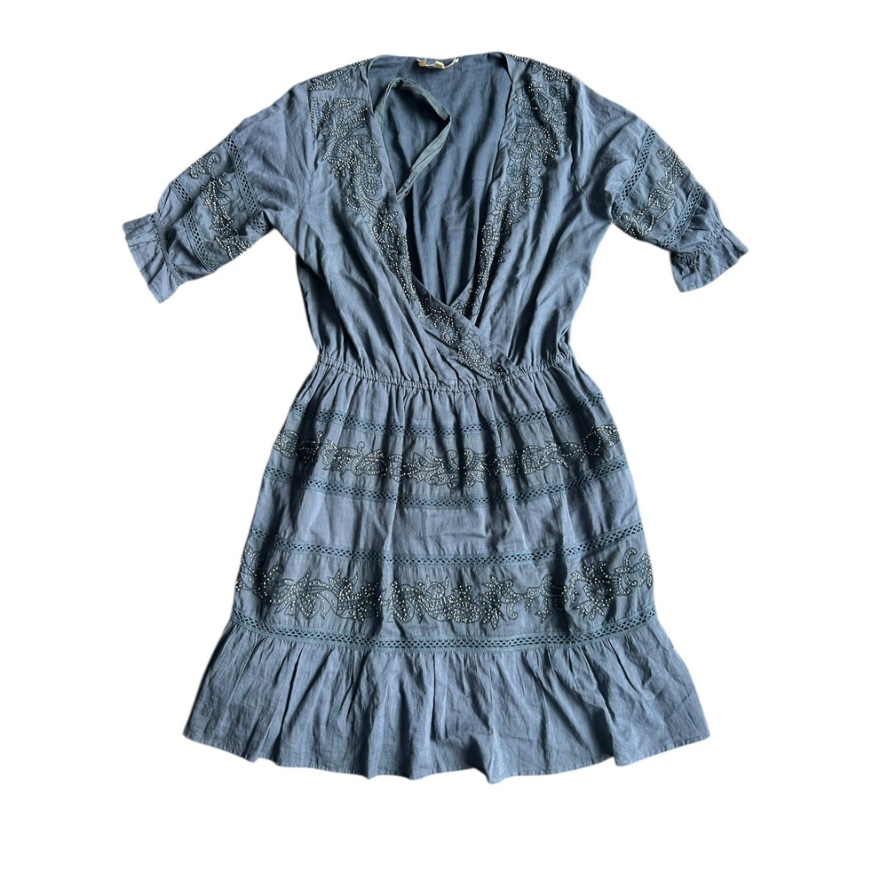 Love The Label Blue Beaded Eyelet Surplice Midi Dress Women's Large Cotton Boho‎